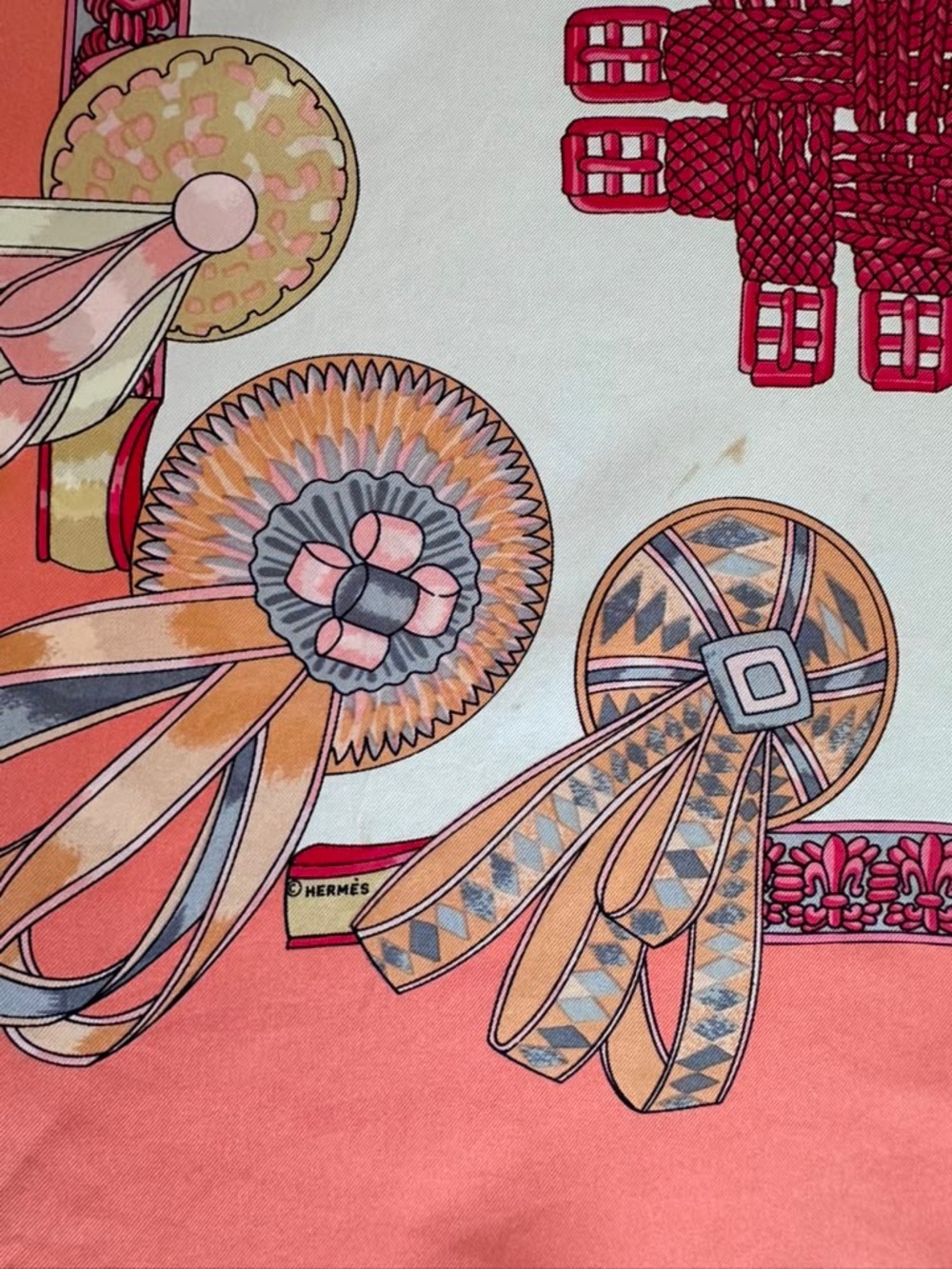 Hermes Coral, Cream & Red Ribbon Motif Silk Scarf - Picture 14 of 14